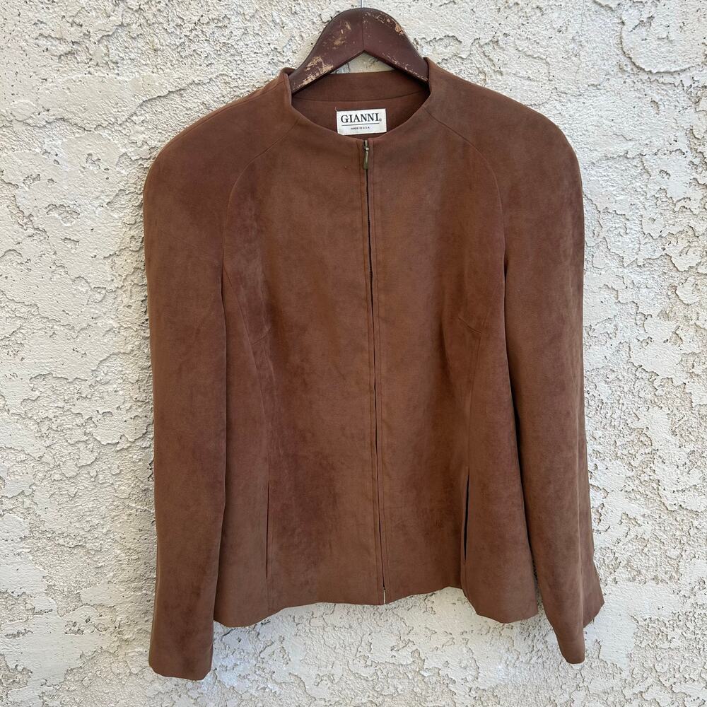 Vintage Gianni Brown Minimalist Zip Jacket Made In USA Size Womens Large